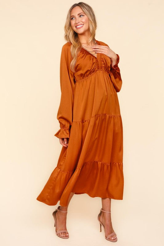 Haptics Elegant Rust Elastic V Neck Tiered Satin Maxi Dress Haptics