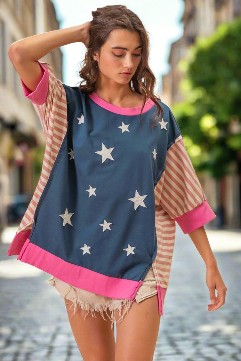 BiBi Navy US Flag Theme Color Block Star Patch T-Shirt Navy Multi Trendsi