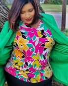 Haptics Fuchsia & Emerald Flat Floral V Neck Top