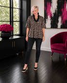 Haptics Sassy Season Split Neck Leopard Print Blouse Womens