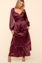 Haptics Wine Satin Front Overlap Smocked Back Maxi Dress Dresses