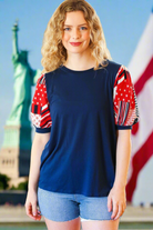 Haptics Holiday Stand-Out Navy Patriotic Patchwork Puff Sleeve Top Haptics