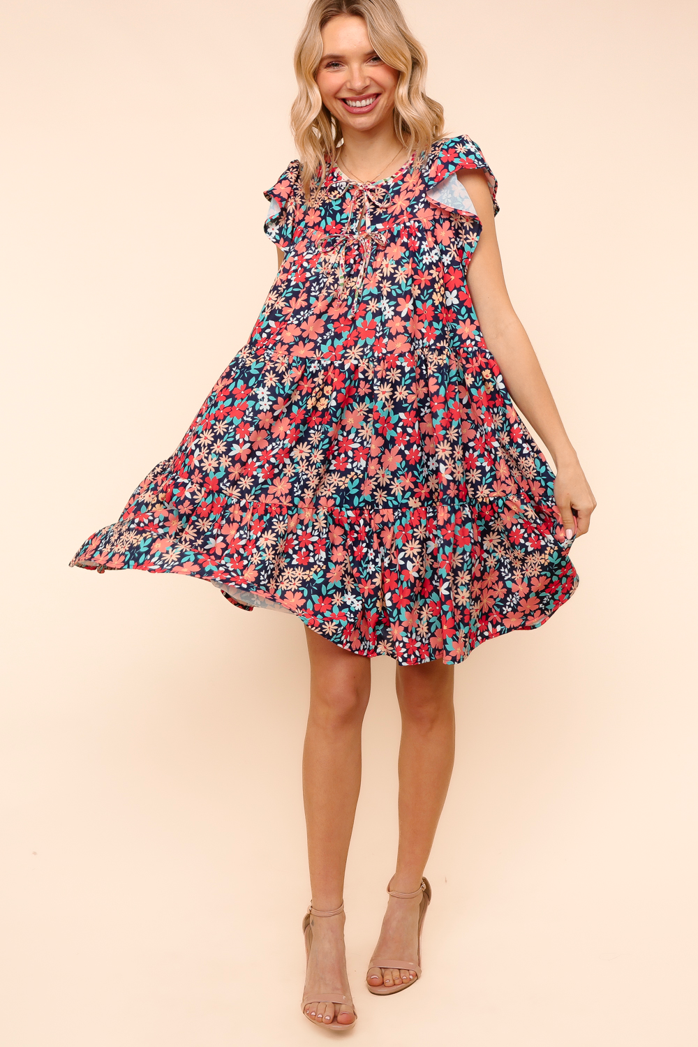 Petal to the Metal Flutter Sleeve Dress in Navy/Coral Womens