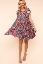 Petal to the Metal Flutter Sleeve Dress in Navy/Coral Womens