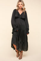 Haptics Elegant Black Elastic V Neck Tiered Satin Maxi Dress Haptics