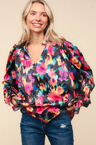 Haptics Bubble Long Sleeve Floral Woven Blouse Top