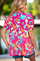 Haptics Summer Vibes Fuchsia Abstract Print Frill Notch Neck Puff Sleeve Top Final Sale Haptics