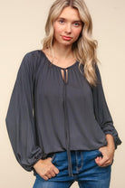 Haptics Versatile Charcoal Front Tie Modal Knit Peasant Top Haptics