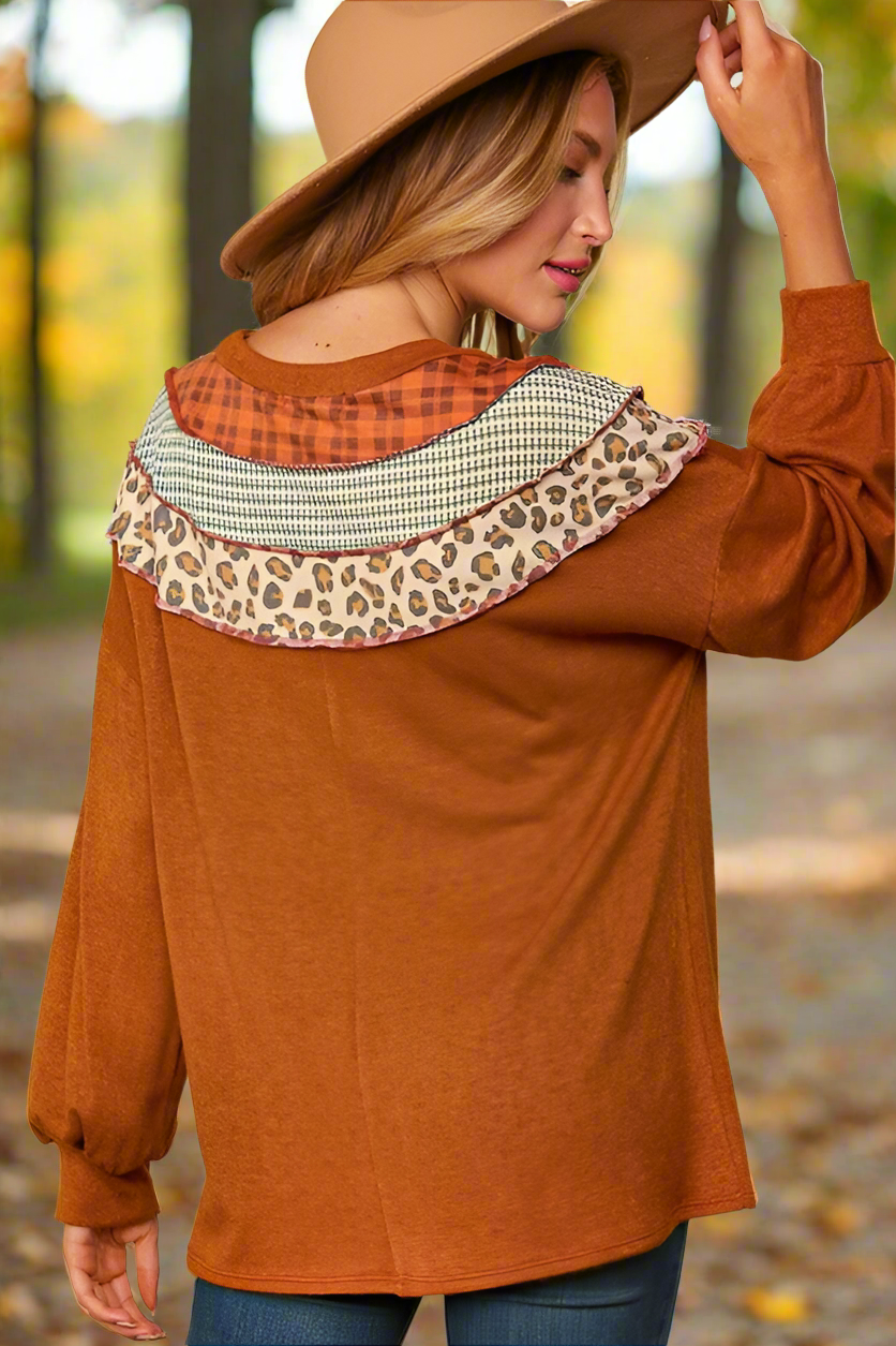 Haptics Rust Plaid & Leopard Color Block Tone Hacci Pullover Haptics