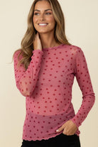Haptics Heart Print Mesh Long Sleeve Semi-Sheer Top – Pink/Red