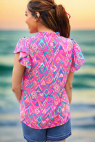 Haptics Eyes On You Fuchsia Boho Ikat Print Frill Notch Neck Top Final Sale Haptics