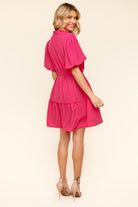 Haptics Fuchsia Notched Neck Balloon Sleeve Sash Belt Mini Dress