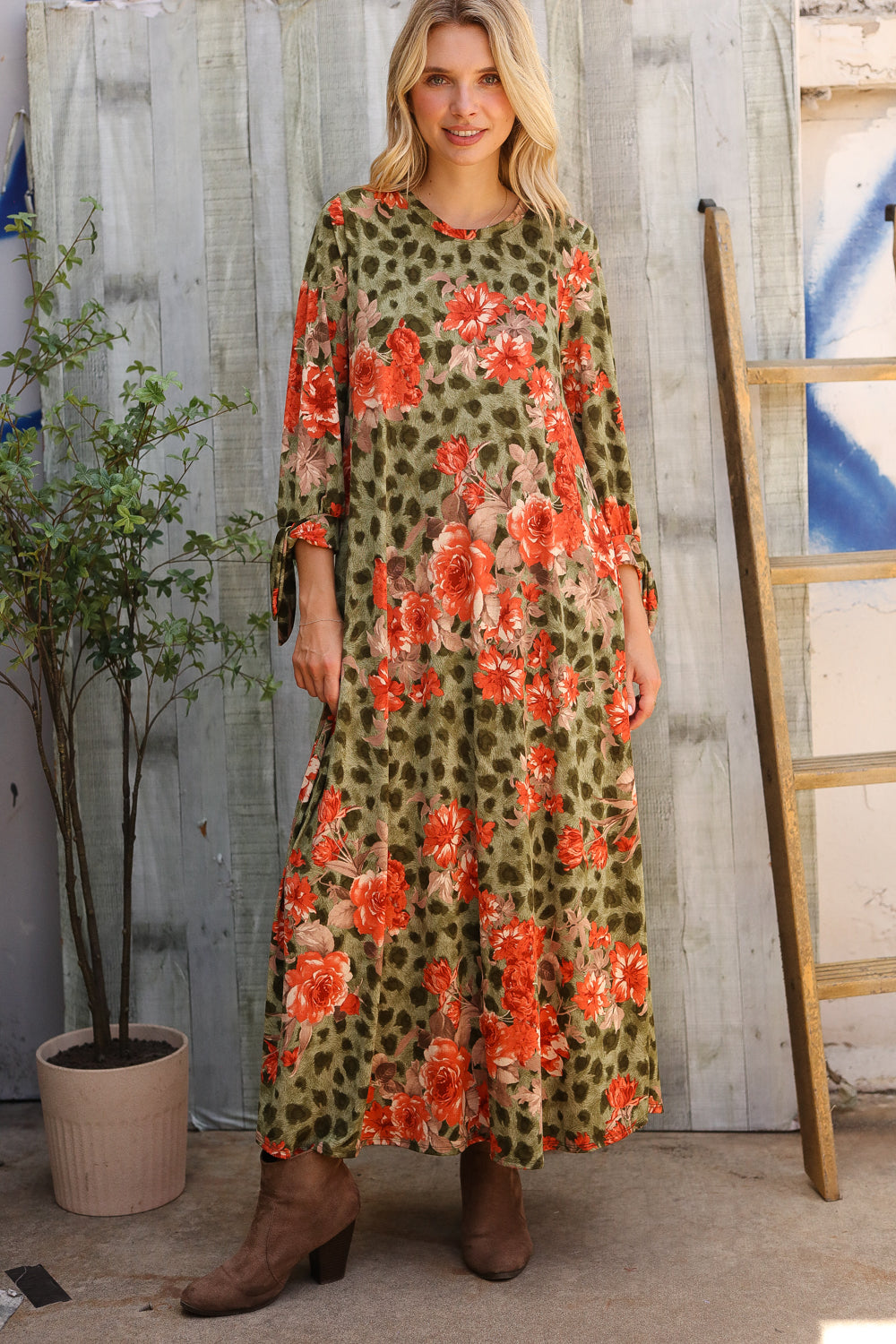 Haptics Round Neck Animal Floral Print Tie Bow Sleeve Midi Dress 3X