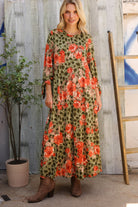 Haptics Round Neck Animal Floral Print Tie Bow Sleeve Midi Dress 3X