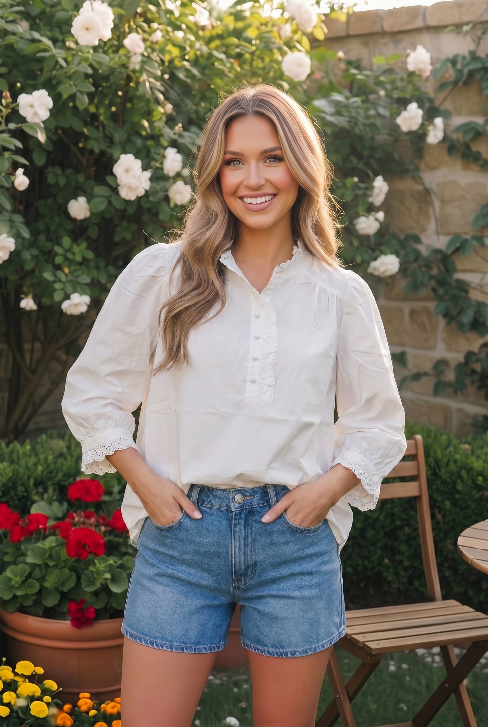 Jodifl Pretty in White Puff Sleeve Button Top