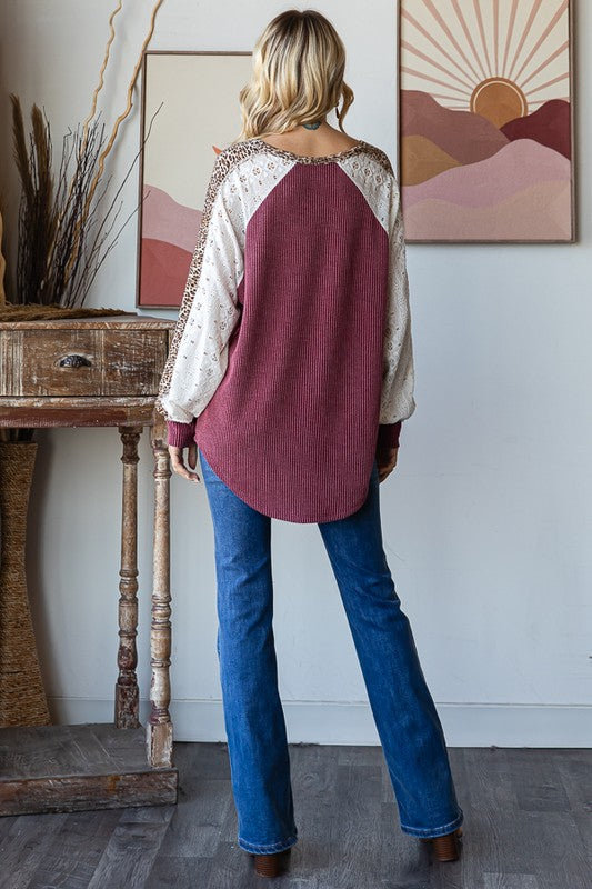 7th Ray Bold Behavior Contrast Color Block Top in Burgundy Womens