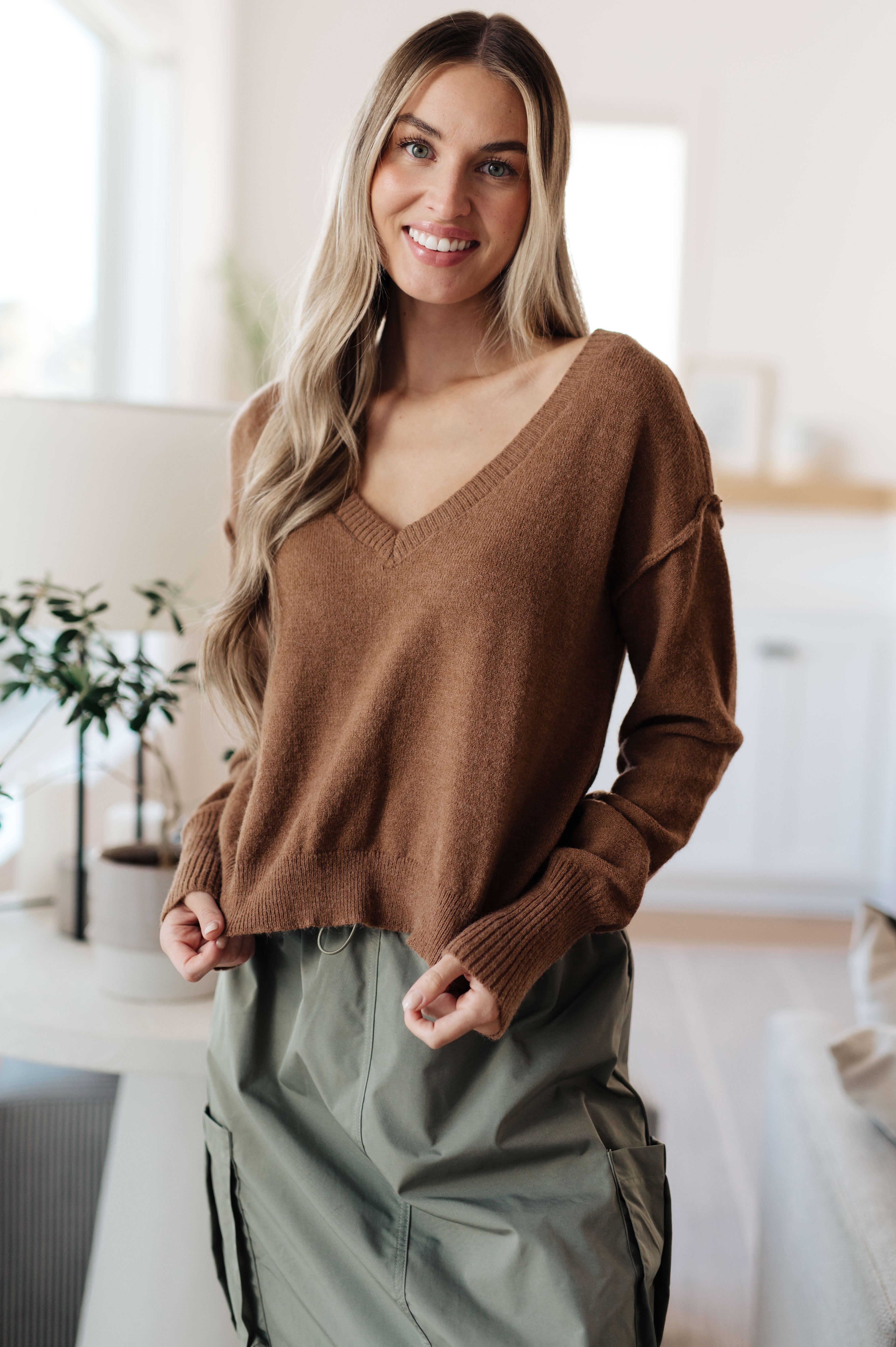 GeeGee Back to Life V-Neck Sweater in Mocha Tops
