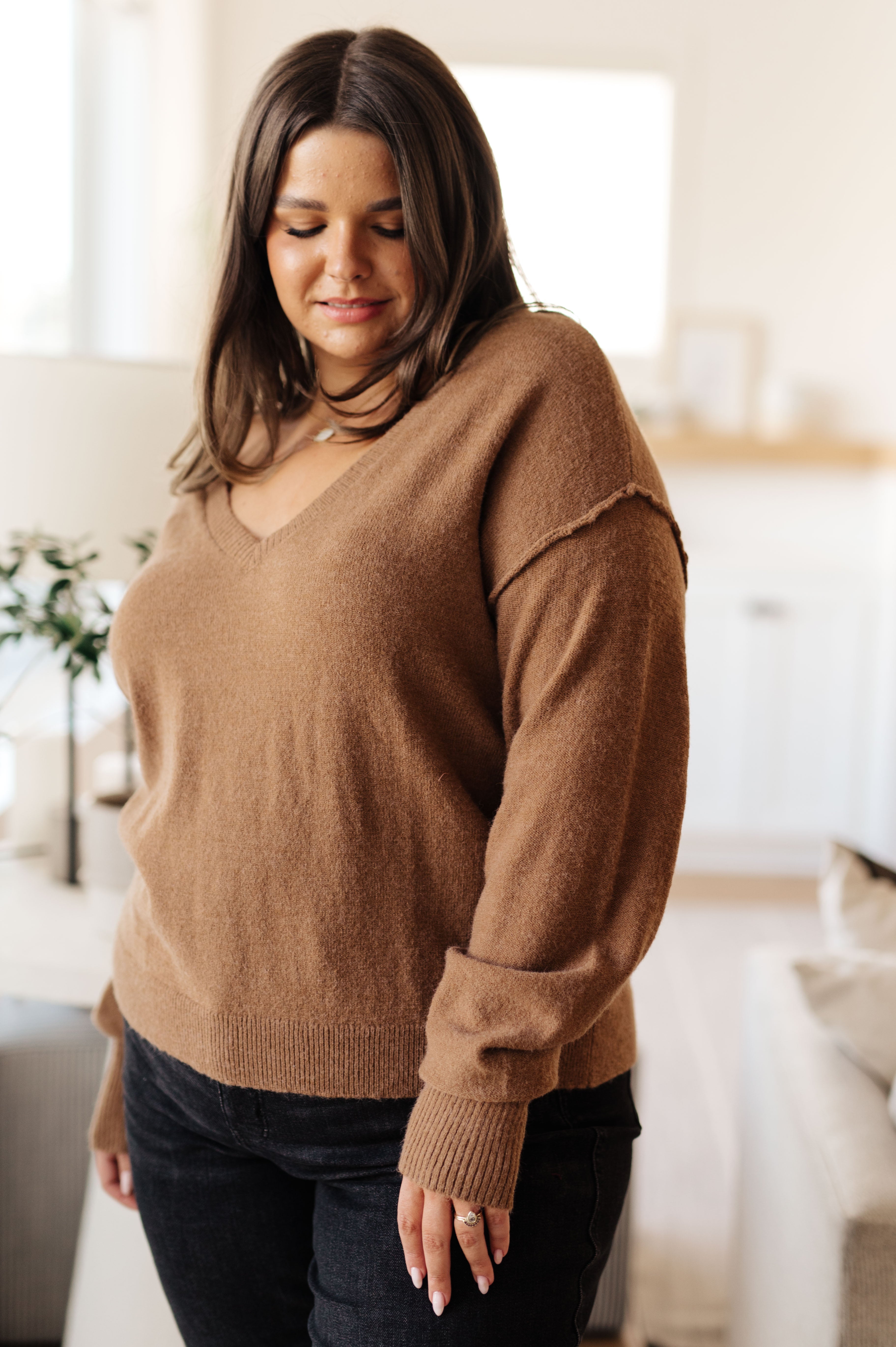 GeeGee Back to Life V-Neck Sweater in Mocha Tops