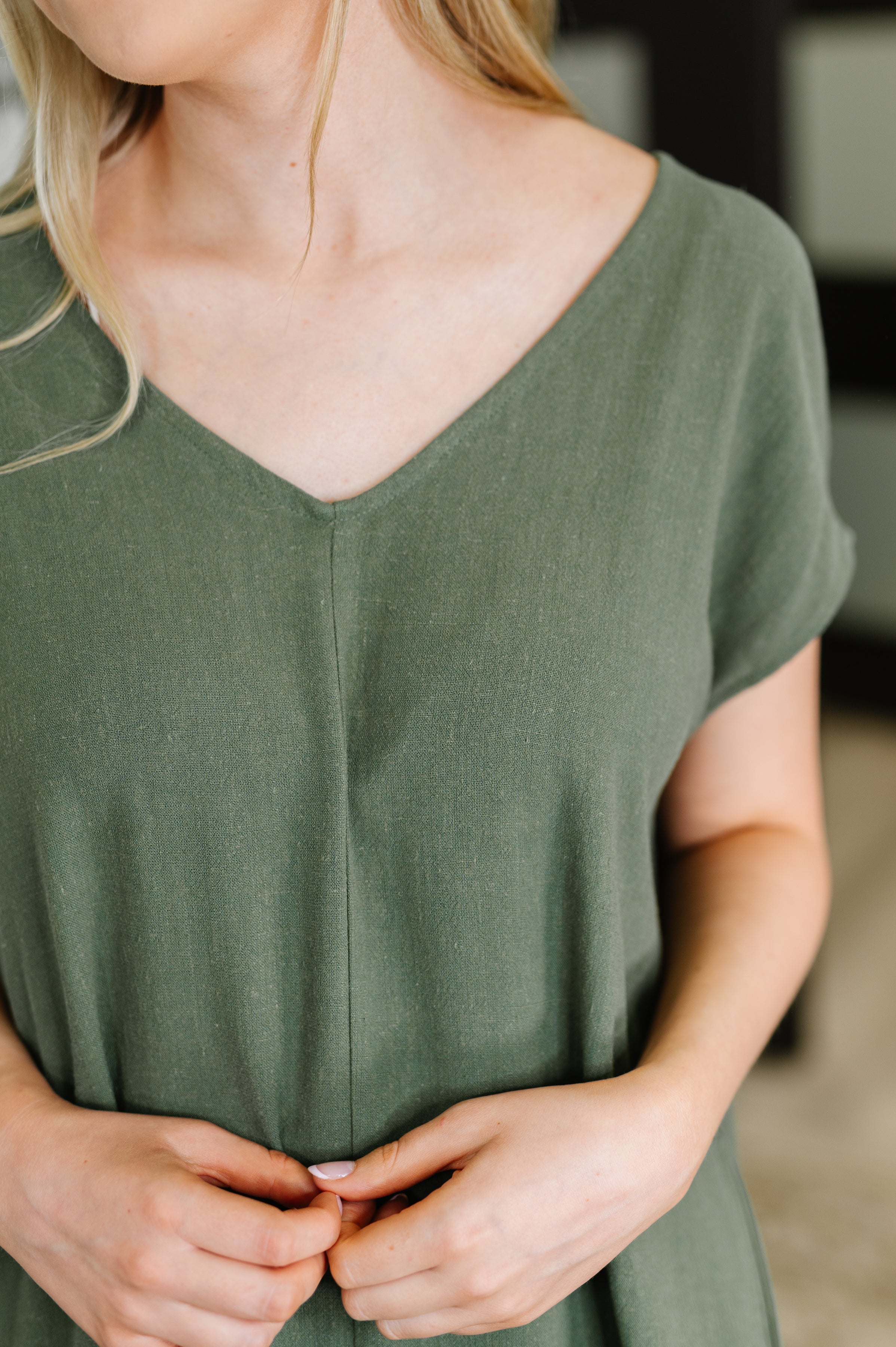 Hyfve Barely Trying V-Neck Relaxed Dress in Gray Green Womens