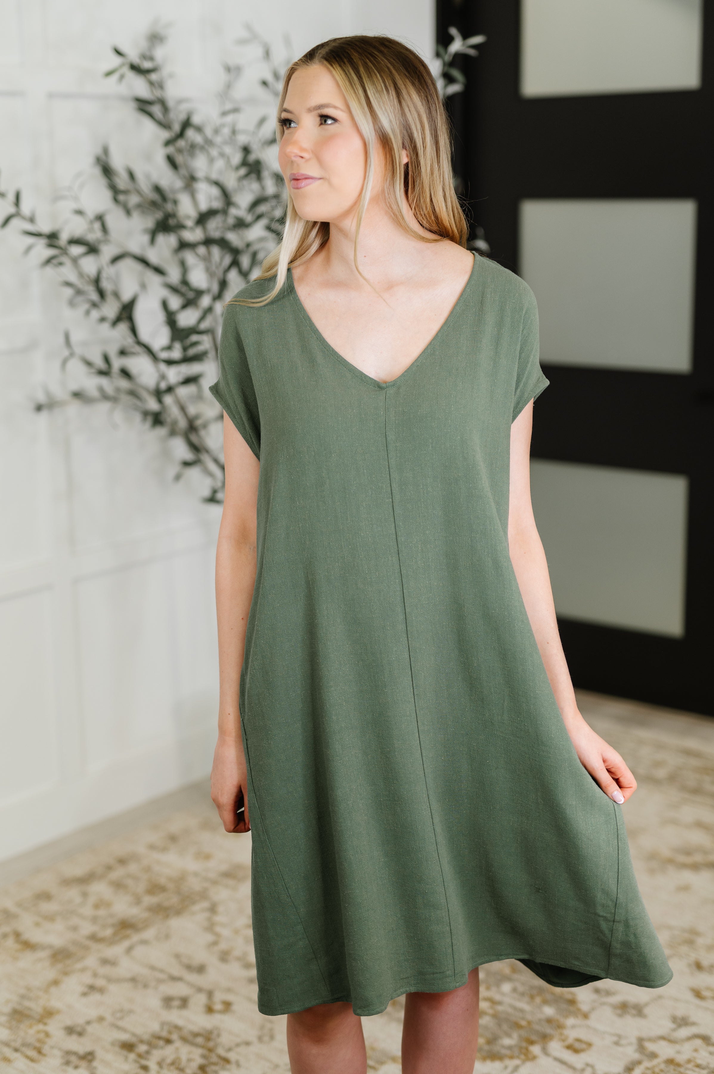 Hyfve Barely Trying V-Neck Relaxed Dress in Gray Green Womens