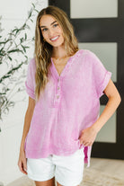 Zenana Bright Mauve Washed Double Gauze 3/4 Button Henley Neck Shirt BRIGHT MAUVE