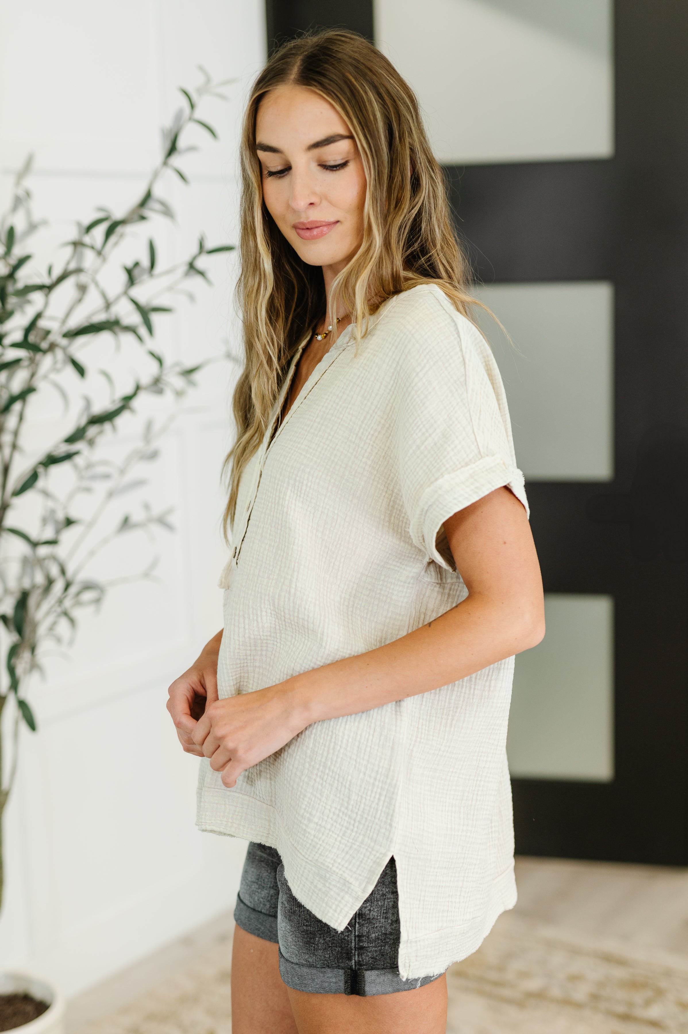 Zenana Basic Fade V-Neck Acid Wash Top in Sand Beige Womens