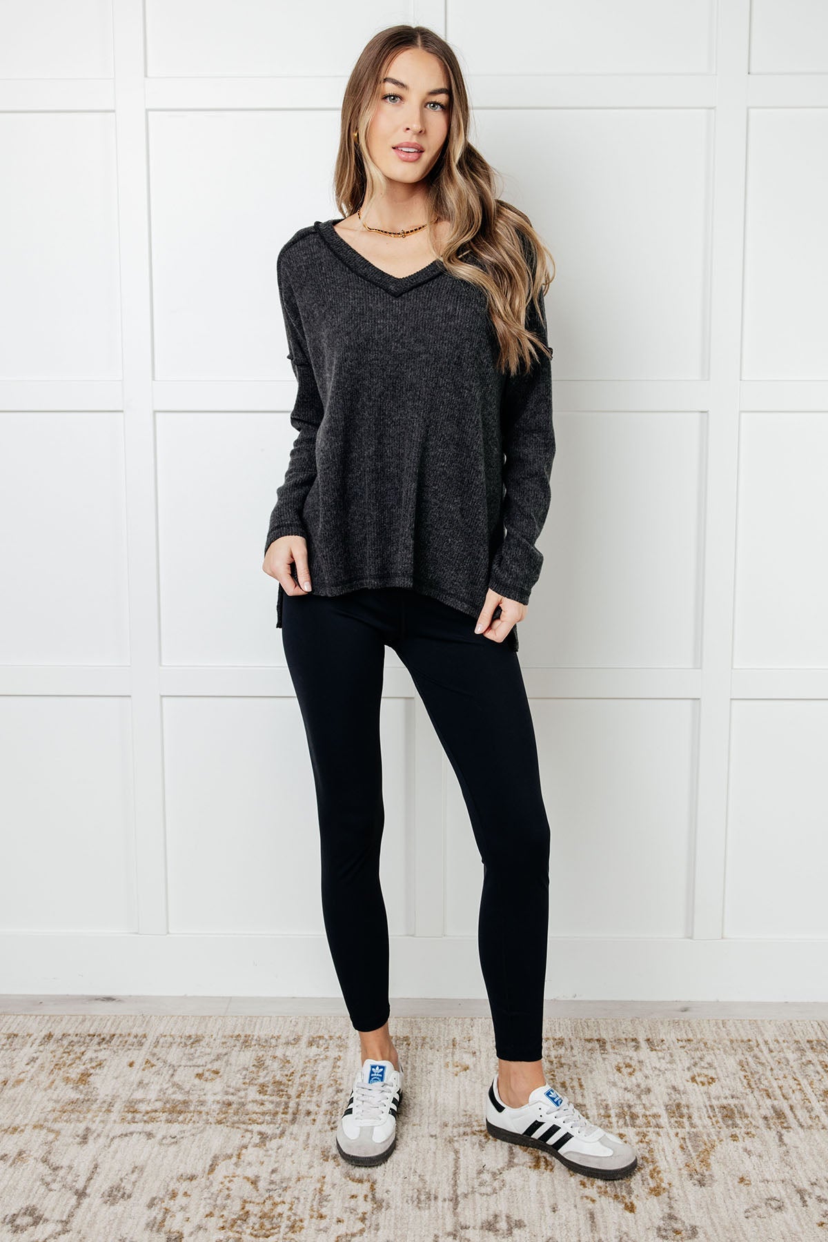 Zenana Basically Freezing Ribbed Brushed Hacci Top in Black Tops