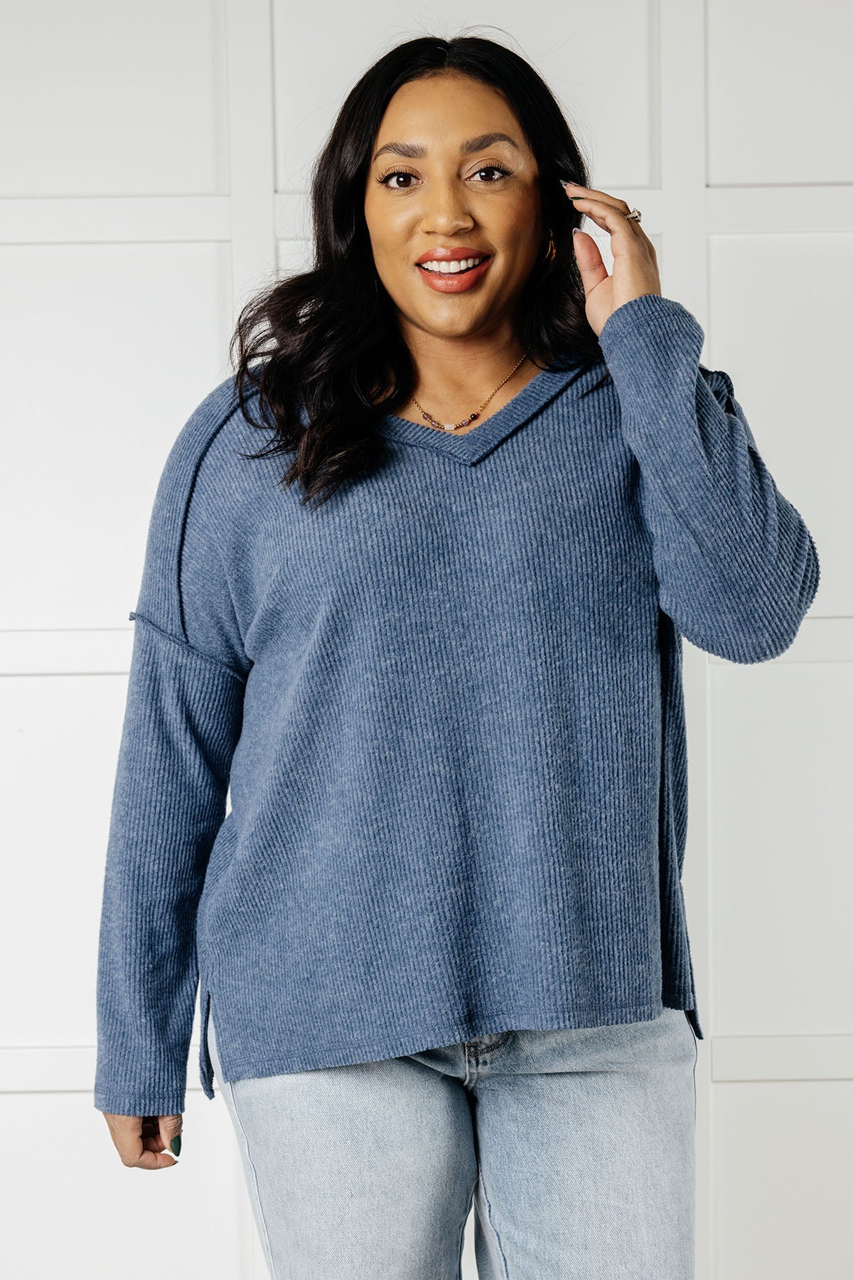 Zenana Basically Freezing Ribbed Brushed Hacci Top in Dusty Blue Tops