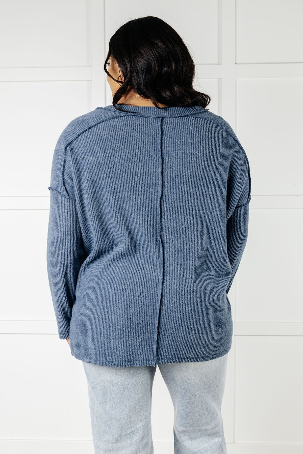 Zenana Basically Freezing Ribbed Brushed Hacci Top in Dusty Blue Tops