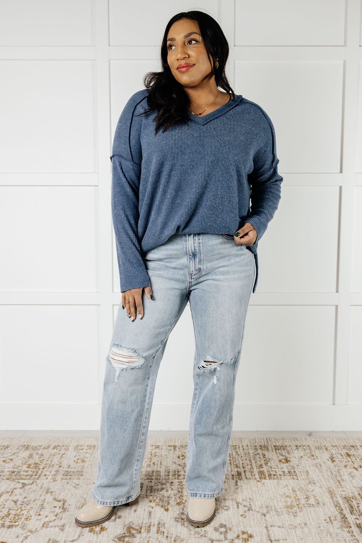 Zenana Basically Freezing Ribbed Brushed Hacci Top in Dusty Blue Tops