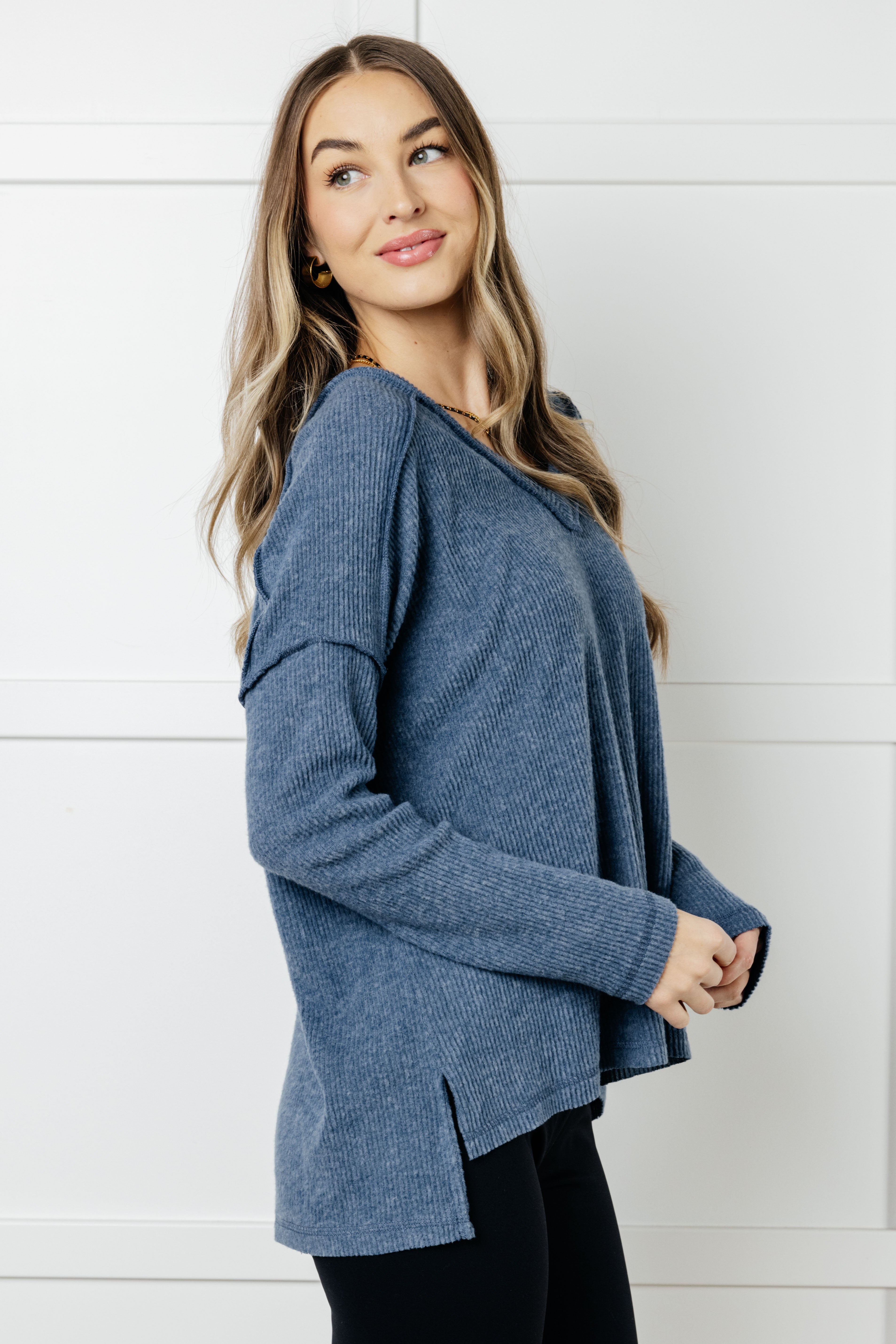 Zenana Basically Freezing Ribbed Brushed Hacci Top in Dusty Blue Tops