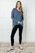 Zenana Basically Freezing Ribbed Brushed Hacci Top in Dusty Blue Tops