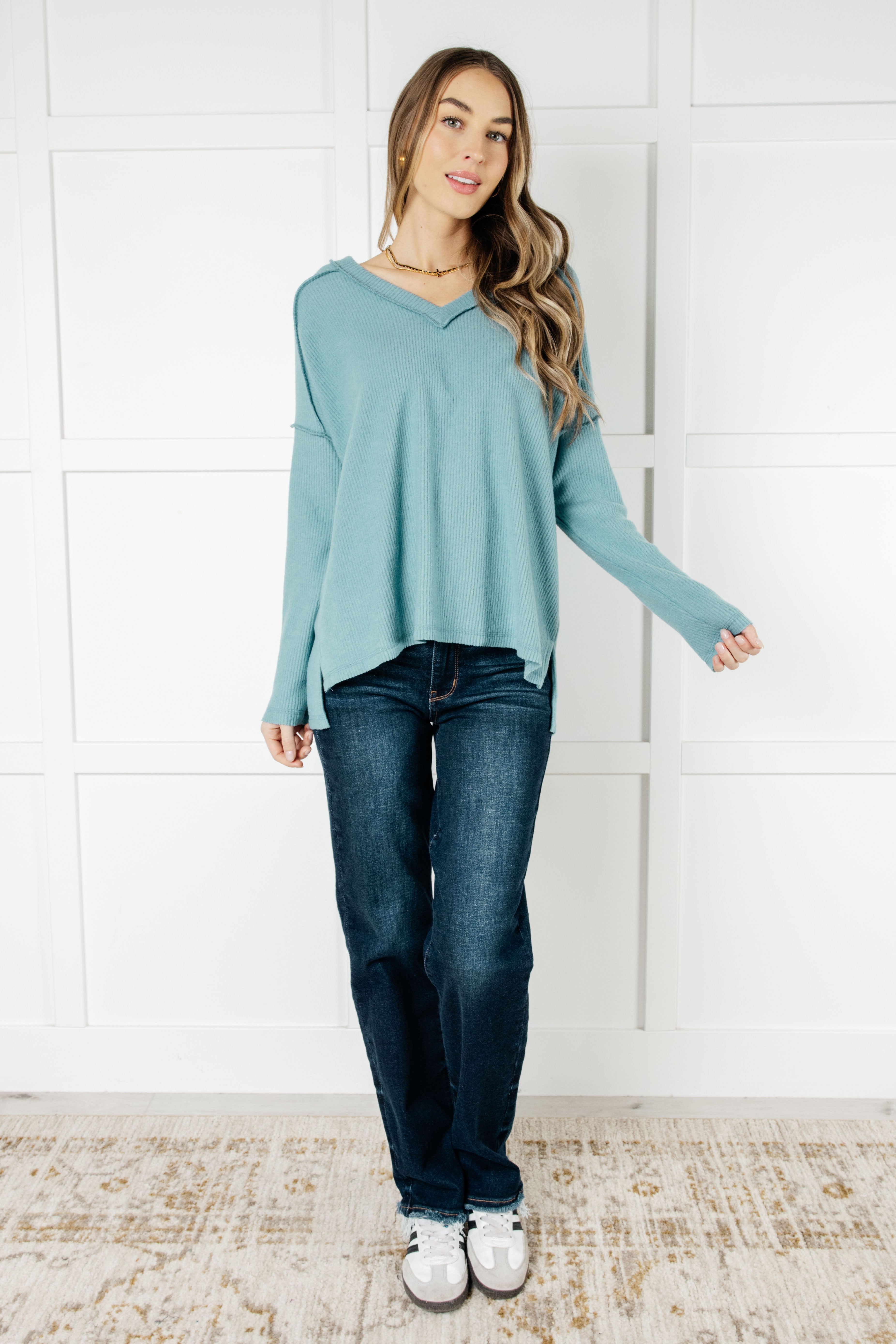 Zenana Basically Freezing Ribbed Brushed Hacci Top in Dusty Teal Tops