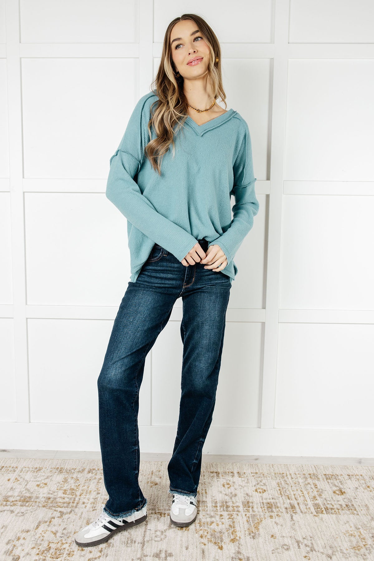 Zenana Basically Freezing Ribbed Brushed Hacci Top in Dusty Teal Tops