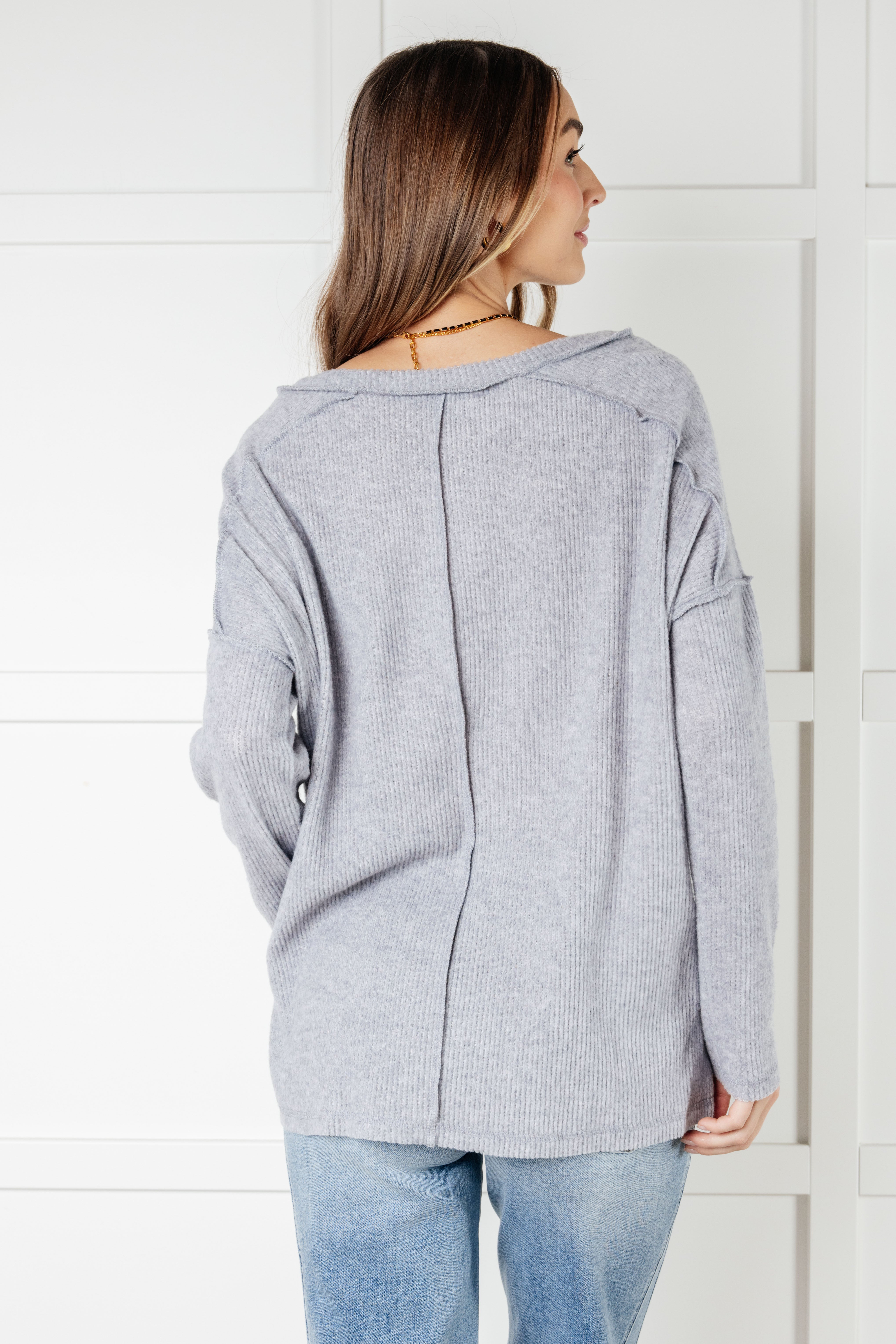 Zenana Basically Freezing Ribbed Brushed Hacci Top in Heather Grey Tops