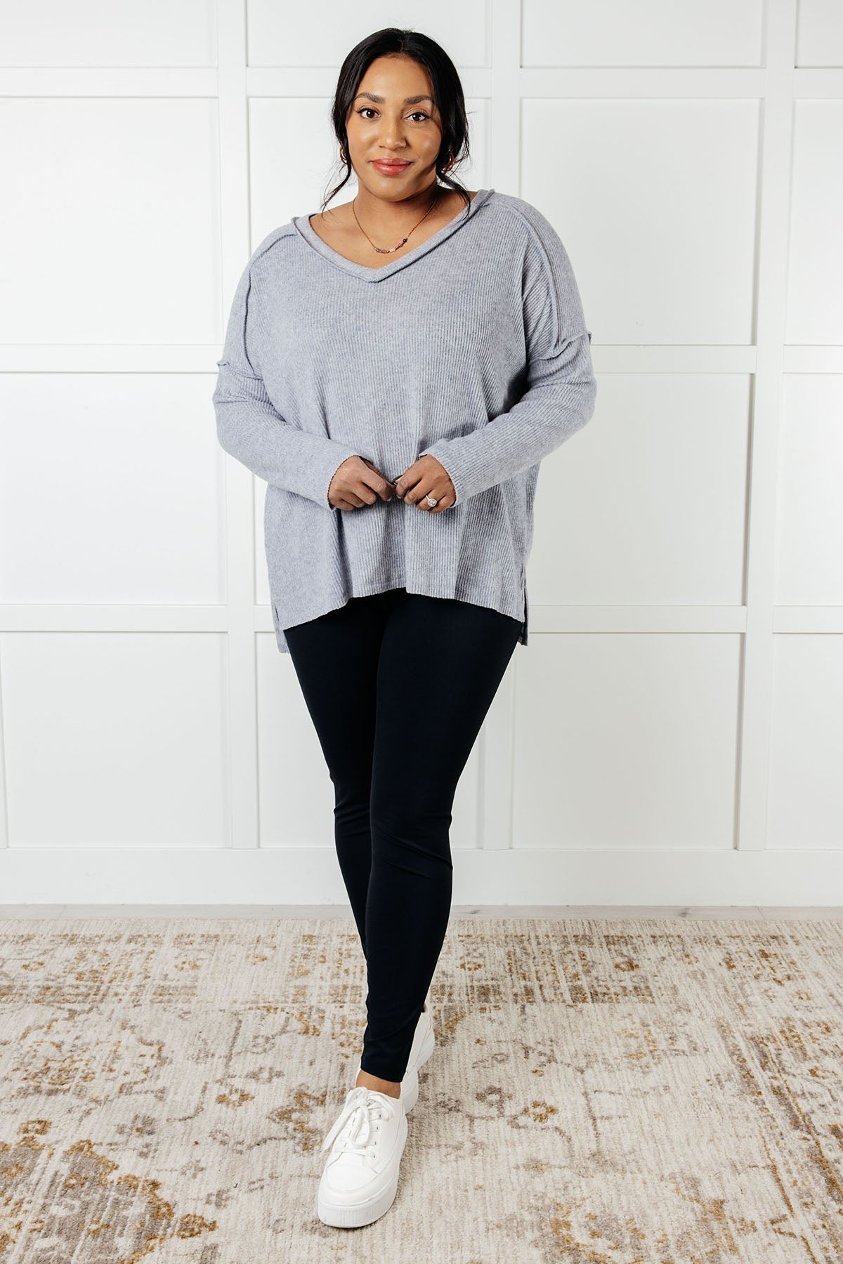 Zenana Basically Freezing Ribbed Brushed Hacci Top in Heather Grey Tops