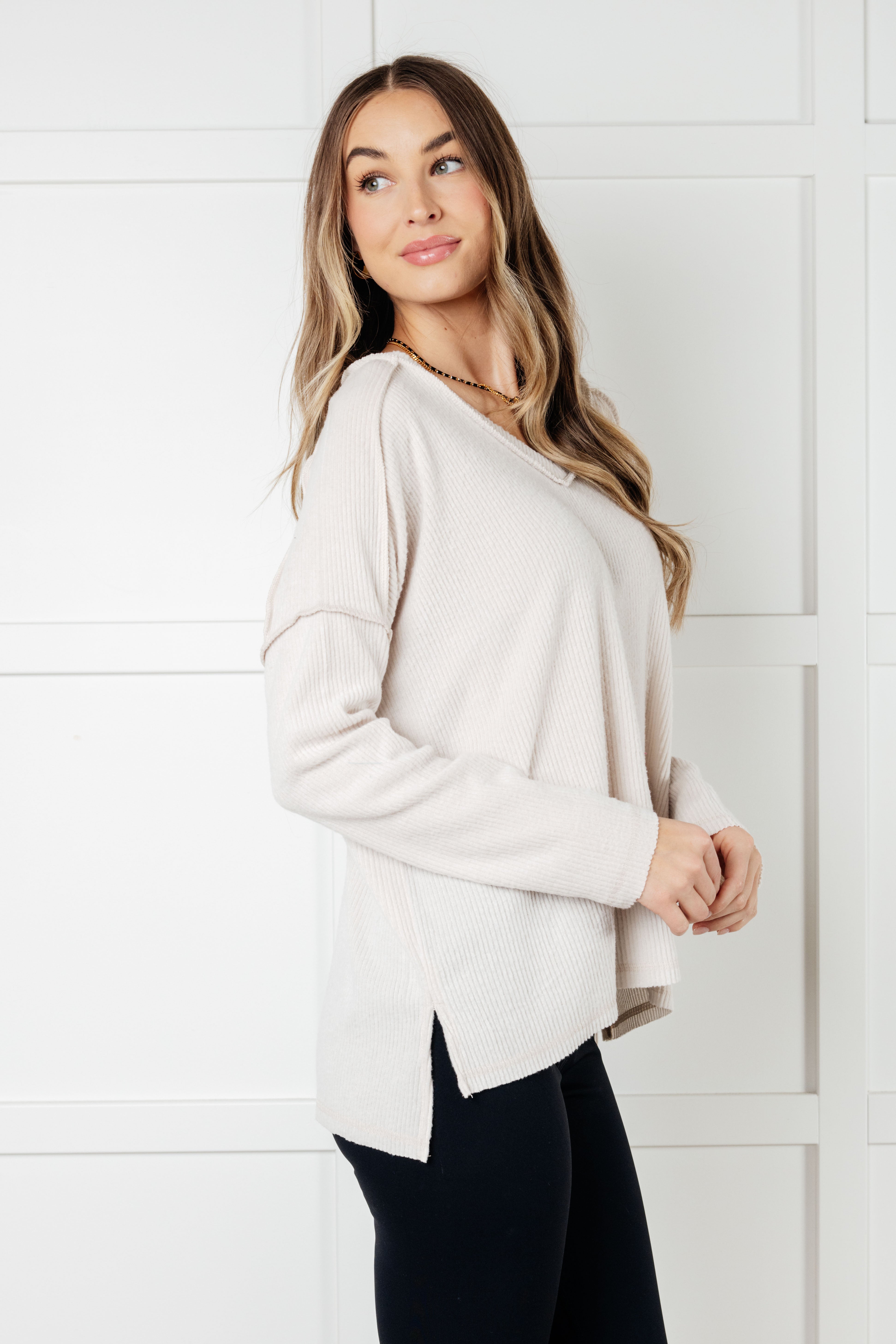 Zenana Basically Freezing Brushed Hacci Top in Sand Beige Tops