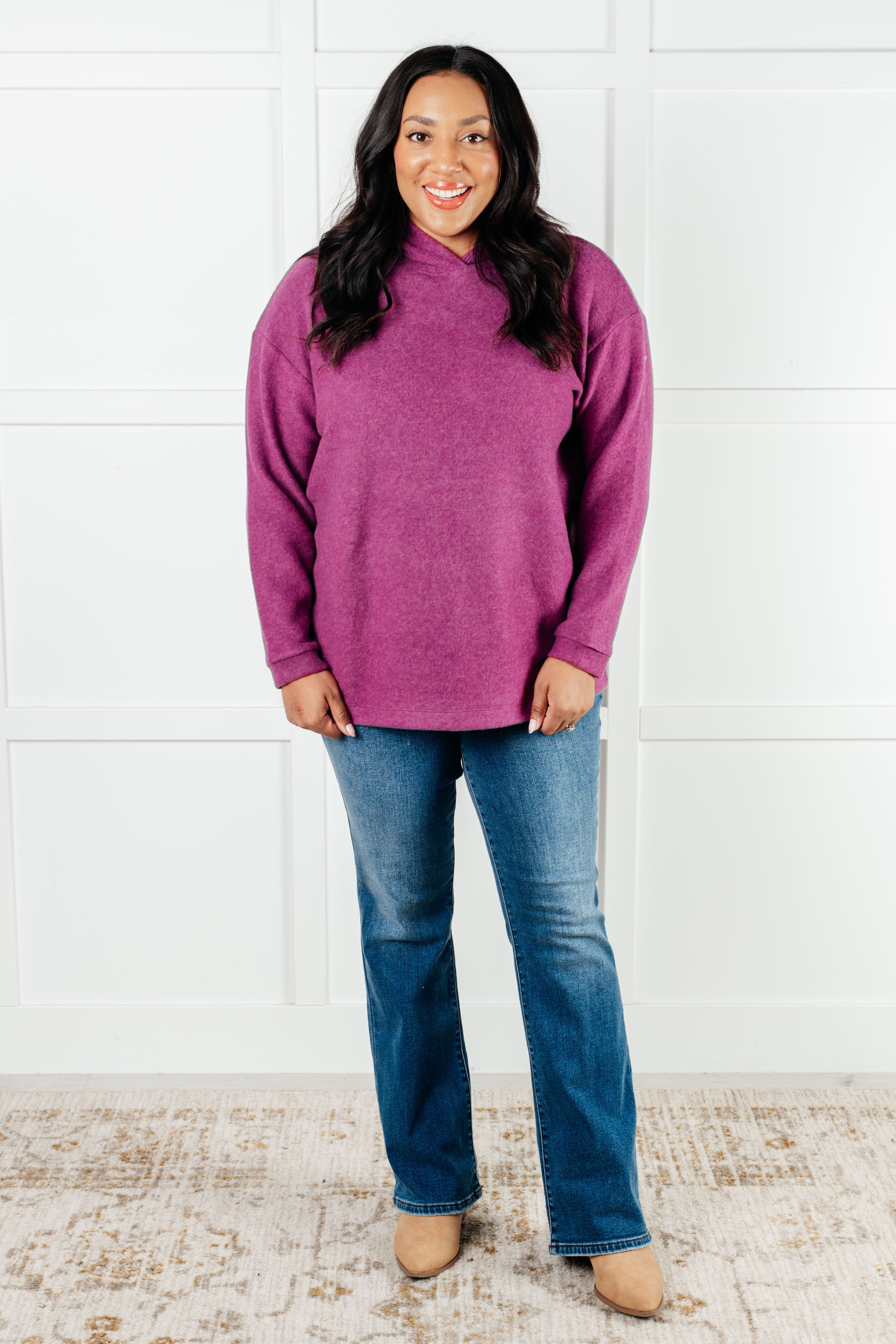 Zenana Basically My Favorite Hooded Pullover in Light Plum Tops