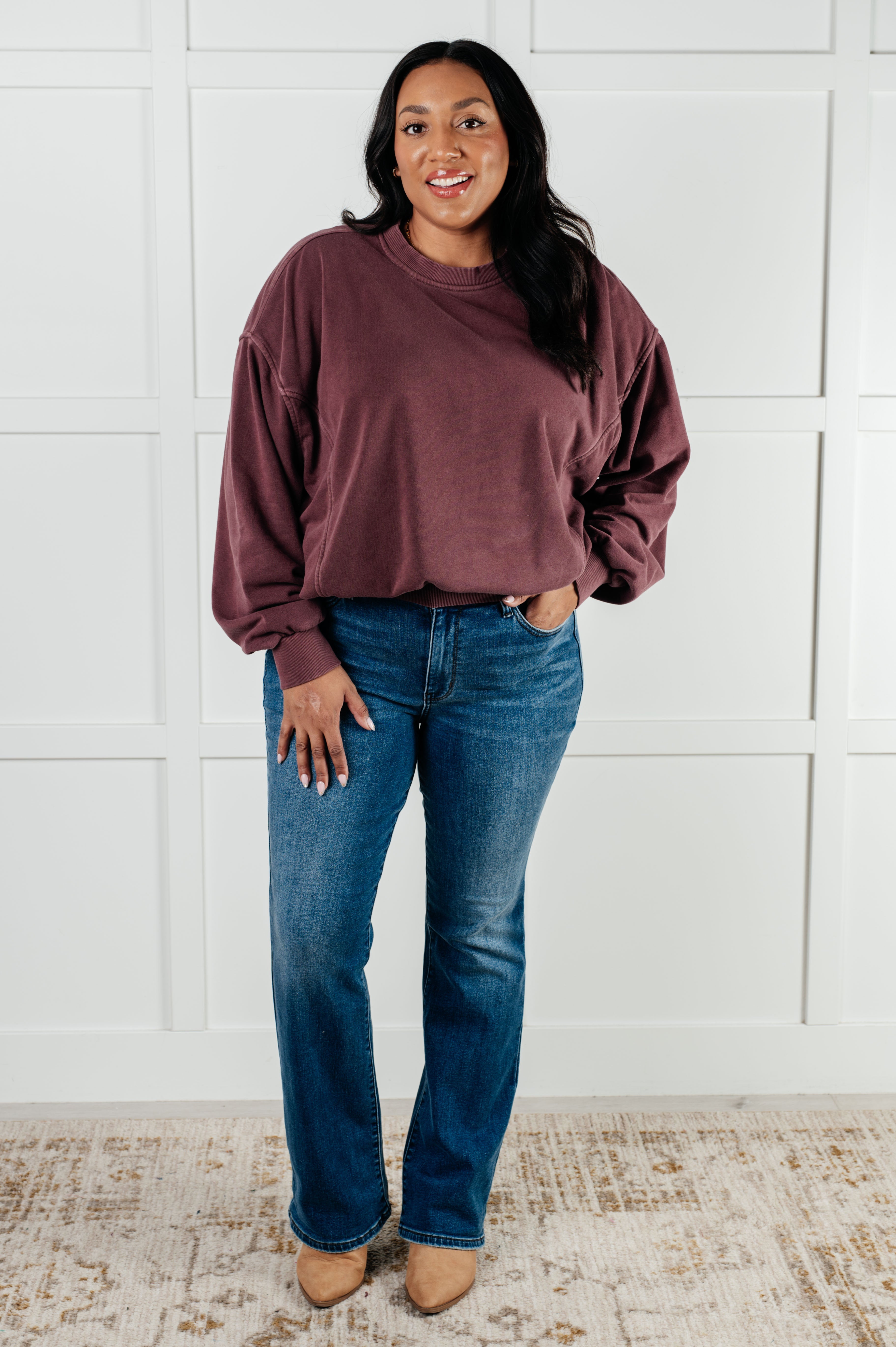 Zenana Beyond the Basics Pullover in Eggplant Tops