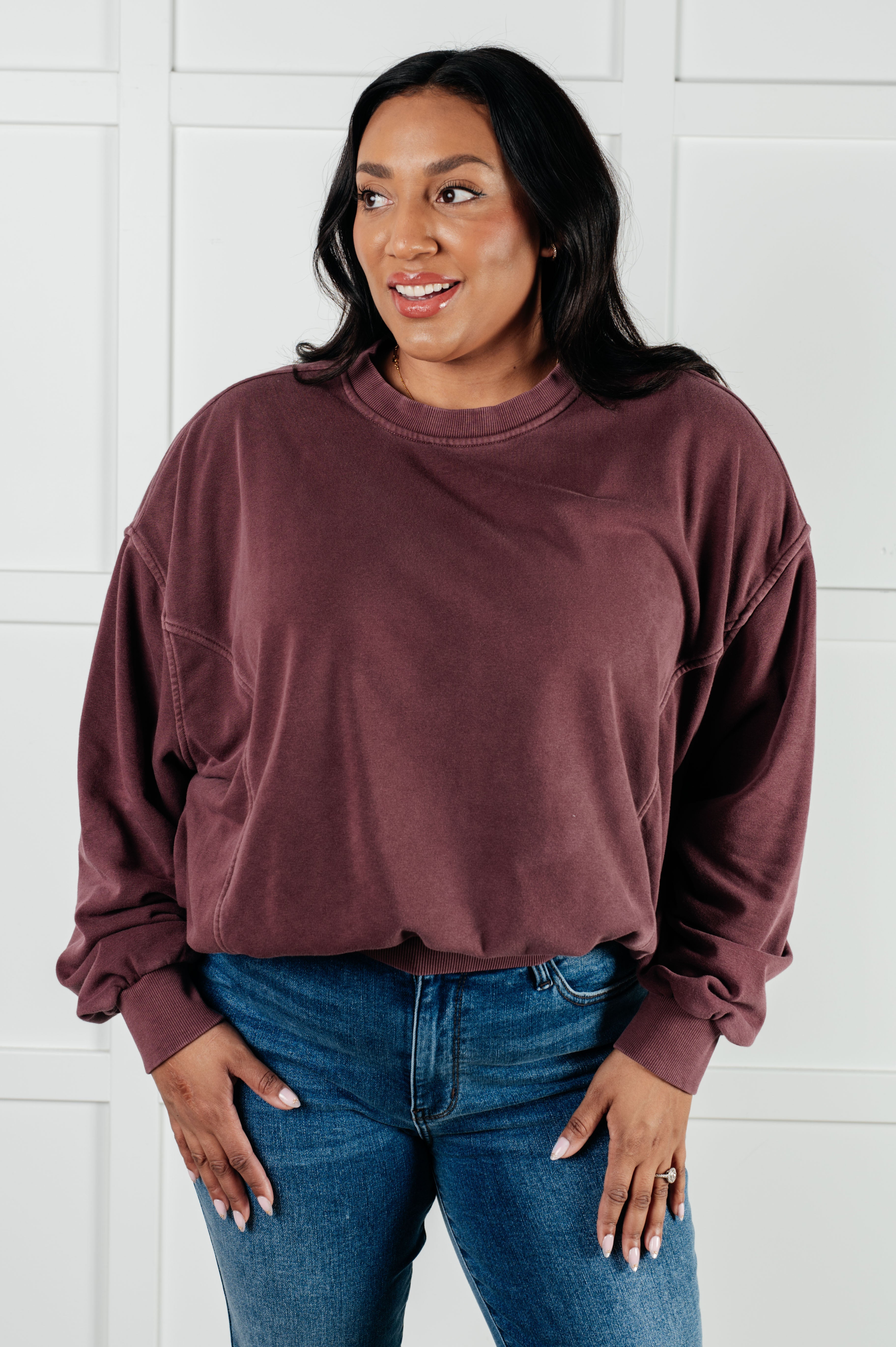 Zenana Beyond the Basics Pullover in Eggplant Tops