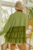 BiBi Light Olive French Terry and Woven Mixed Tiered Top
