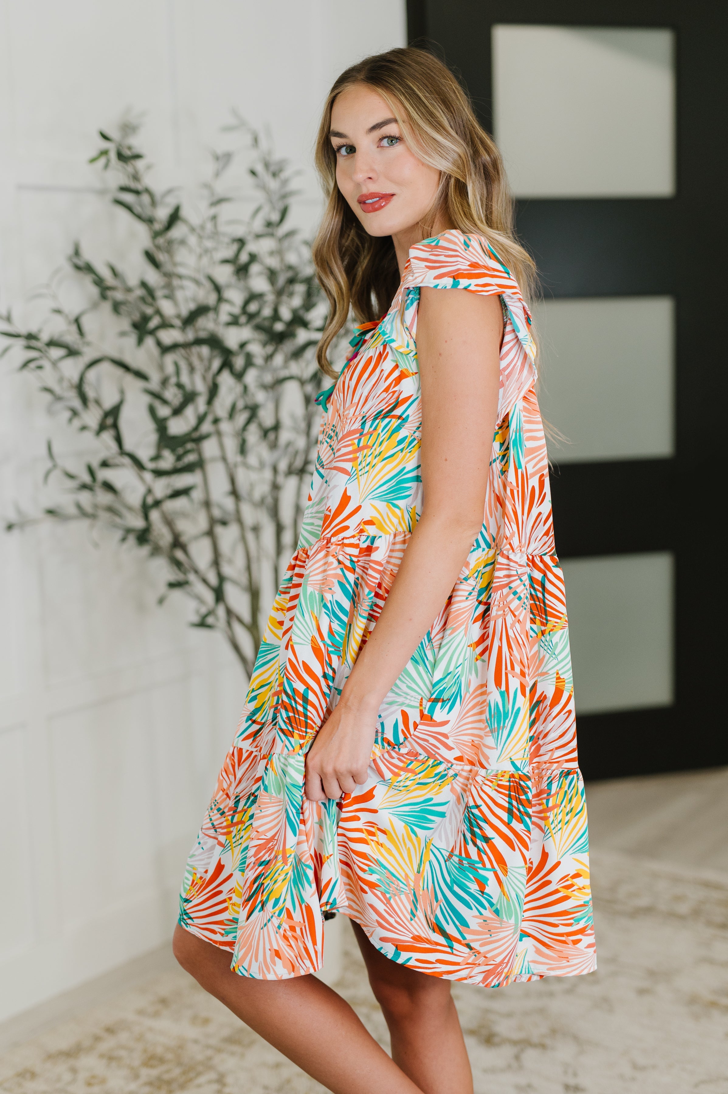 Haptics Bless Your Love Tiered Dress in Ivory, Orange and Mint Womens