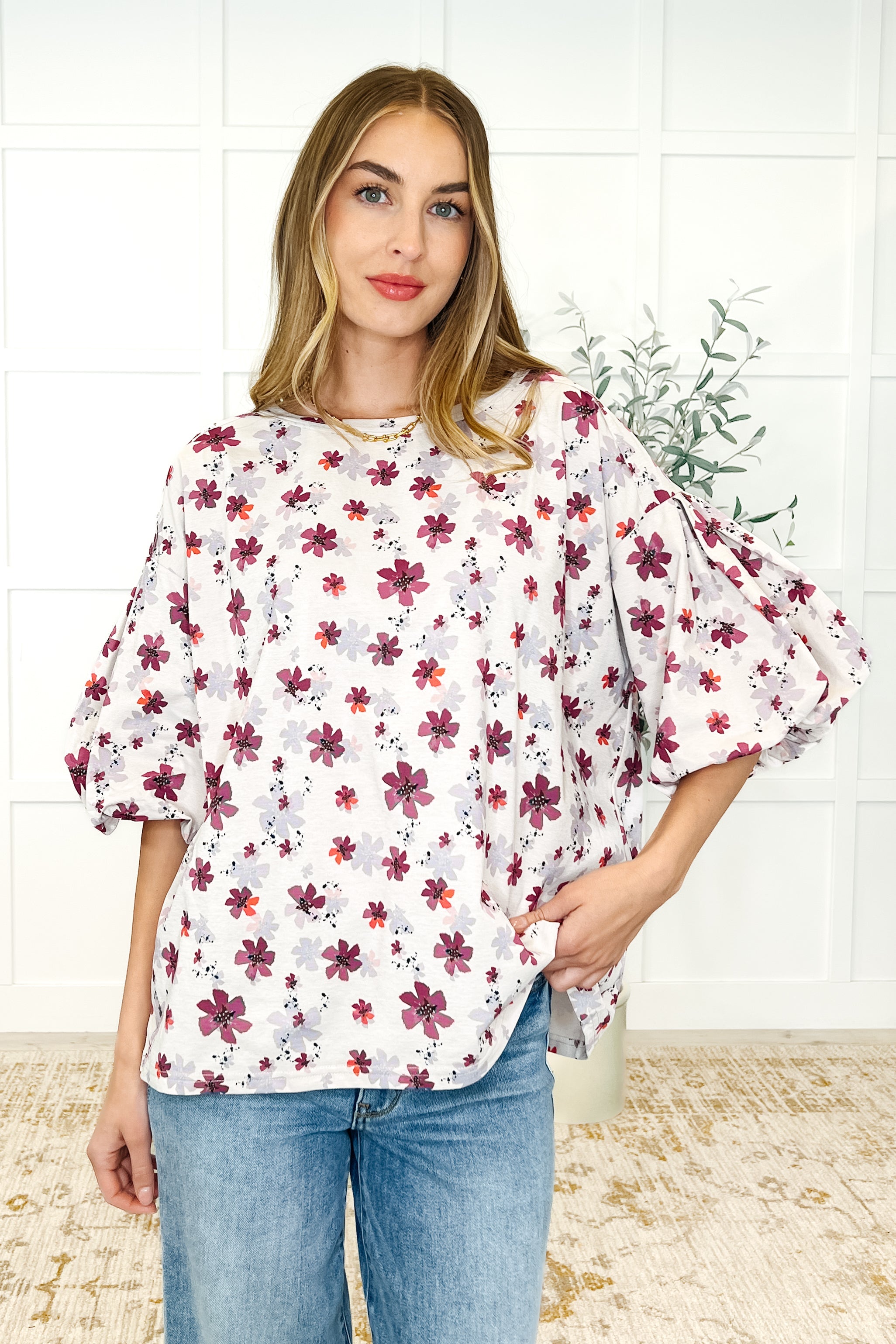 Easel Blossom Breeze Balloon Sleeve Blouse Womens