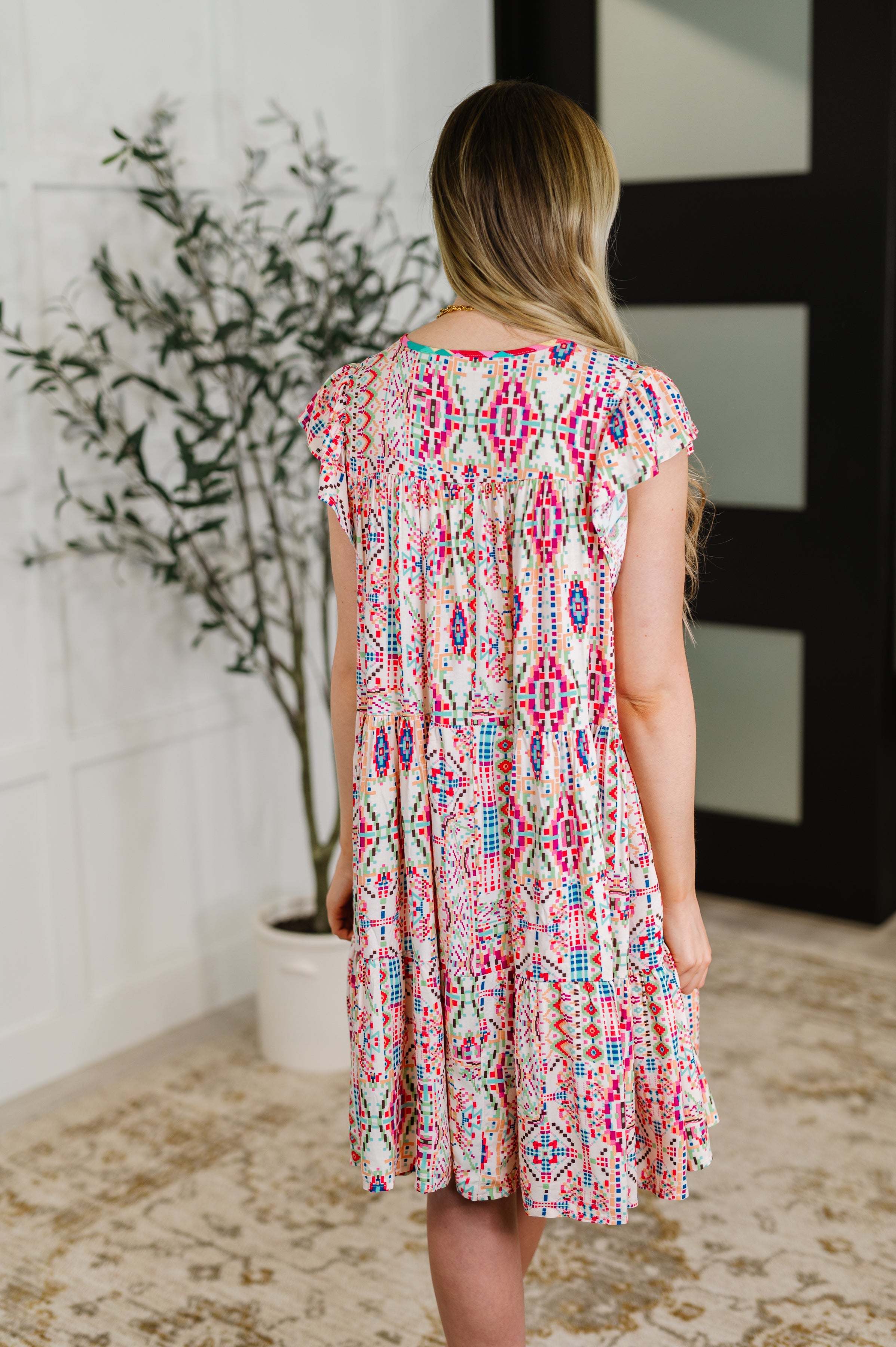 Haptics Boho and Behold Flutter Sleeve Dress in Blush/Fuchsia/Mint Womens