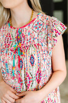 Haptics Boho and Behold Flutter Sleeve Dress in Blush/Fuchsia/Mint Womens