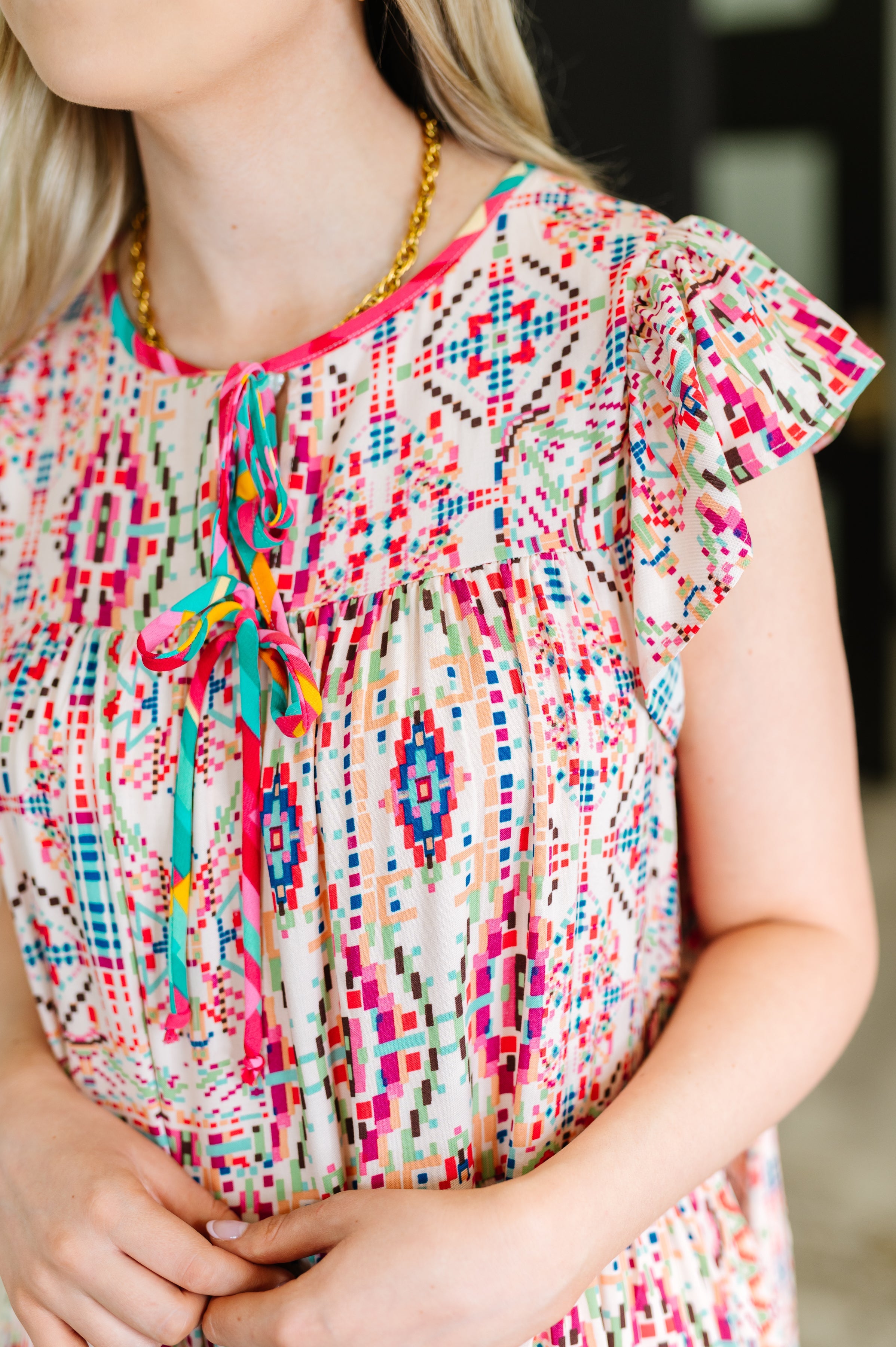 Haptics Boho and Behold Flutter Sleeve Dress in Blush/Fuchsia/Mint Womens
