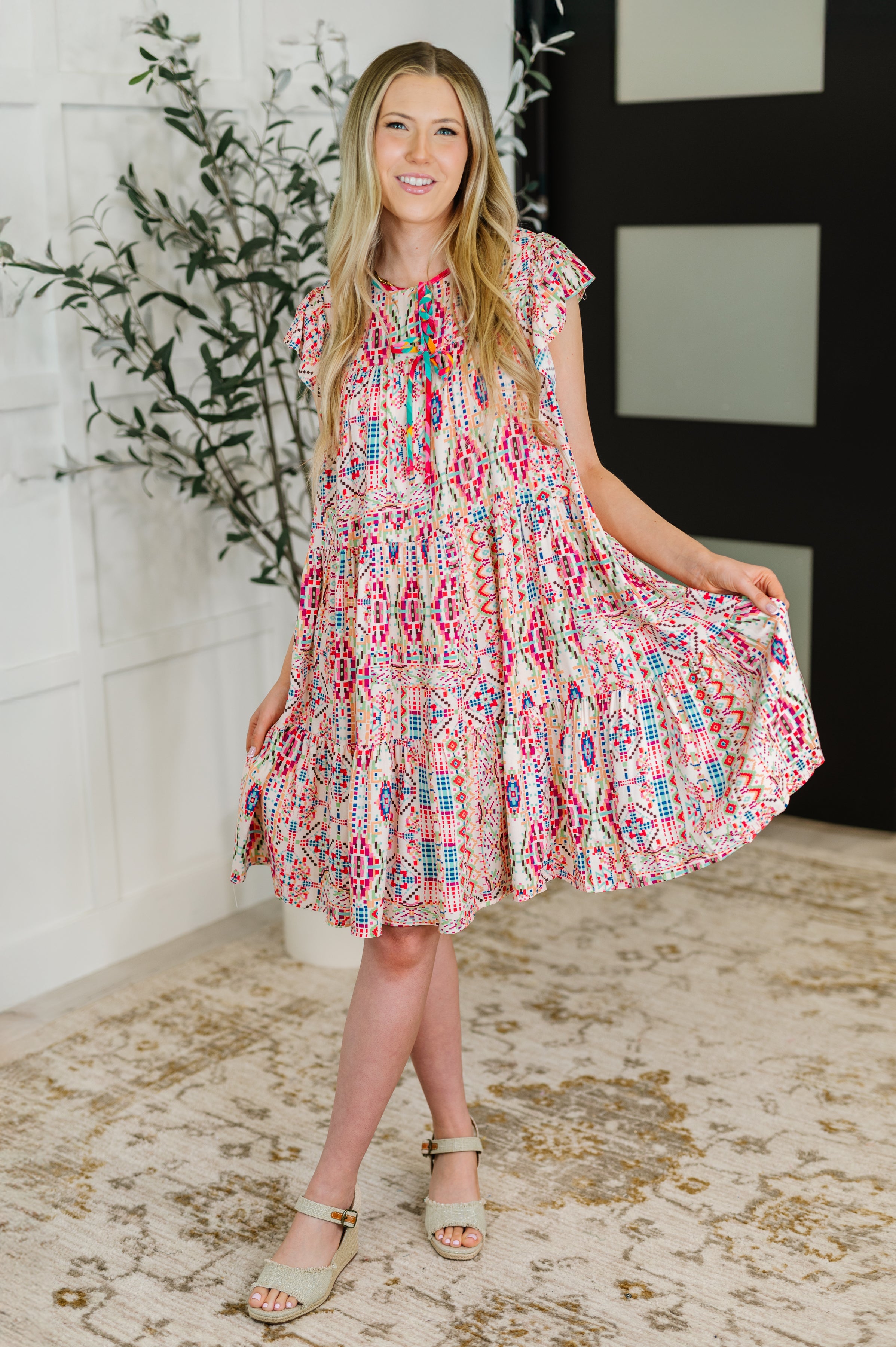 Haptics Boho and Behold Flutter Sleeve Dress in Blush/Fuchsia/Mint Womens