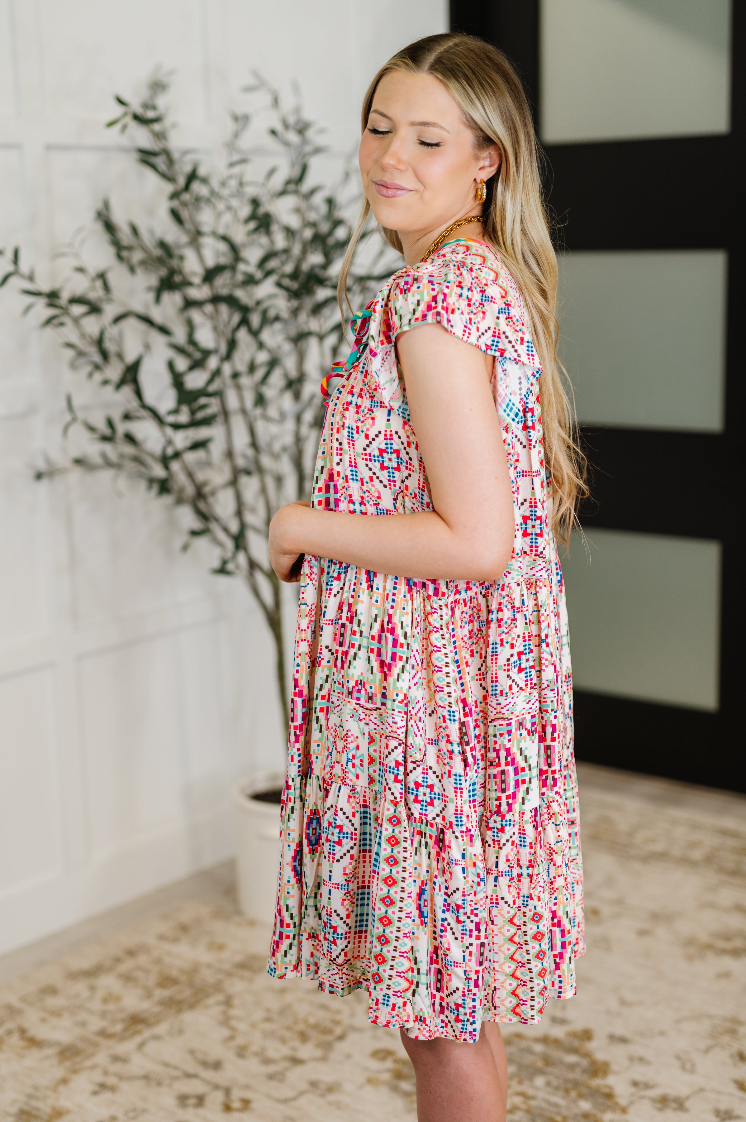 Haptics Boho and Behold Flutter Sleeve Dress in Blush/Fuchsia/Mint Womens