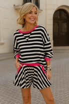 Preorder Black & White Stripe Contrast Ribbed Banding Long Sleeve Blouse and Loose Shorts Set