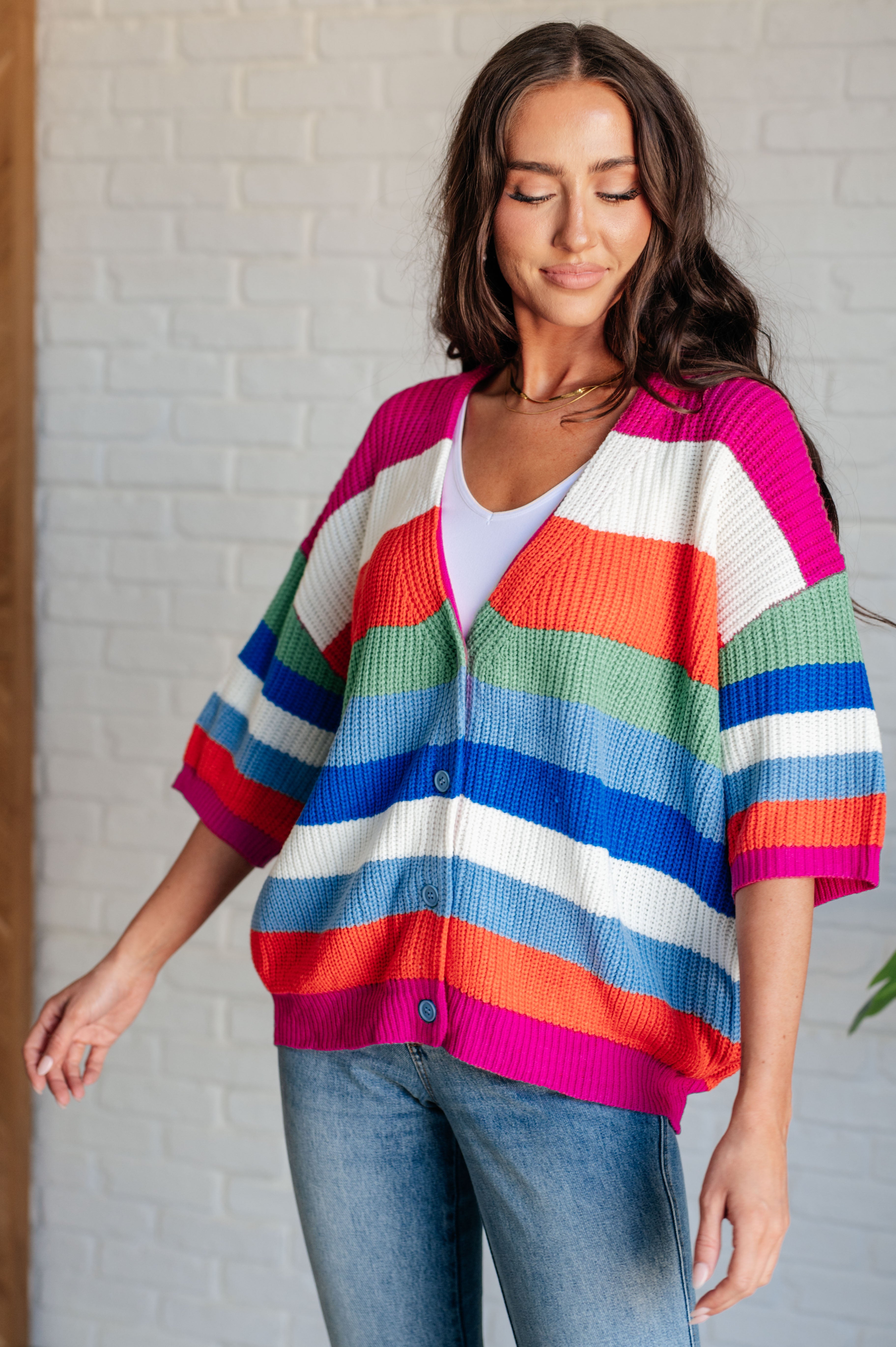 BiBi Bold Flirt Multi Color Stripe Button Down Cardigan Ave Shops